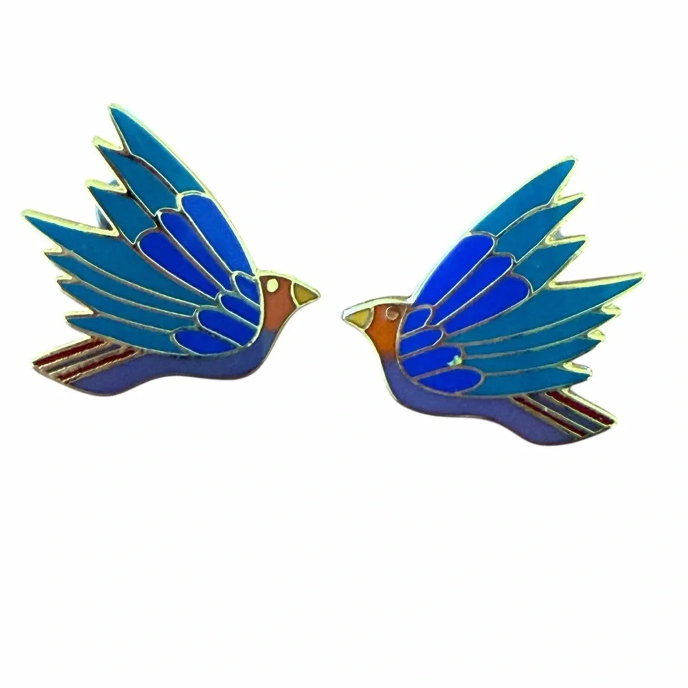 Laurel Burch Celeste Bird Earrings Blue Enamel Gold Tone Signed Vintage